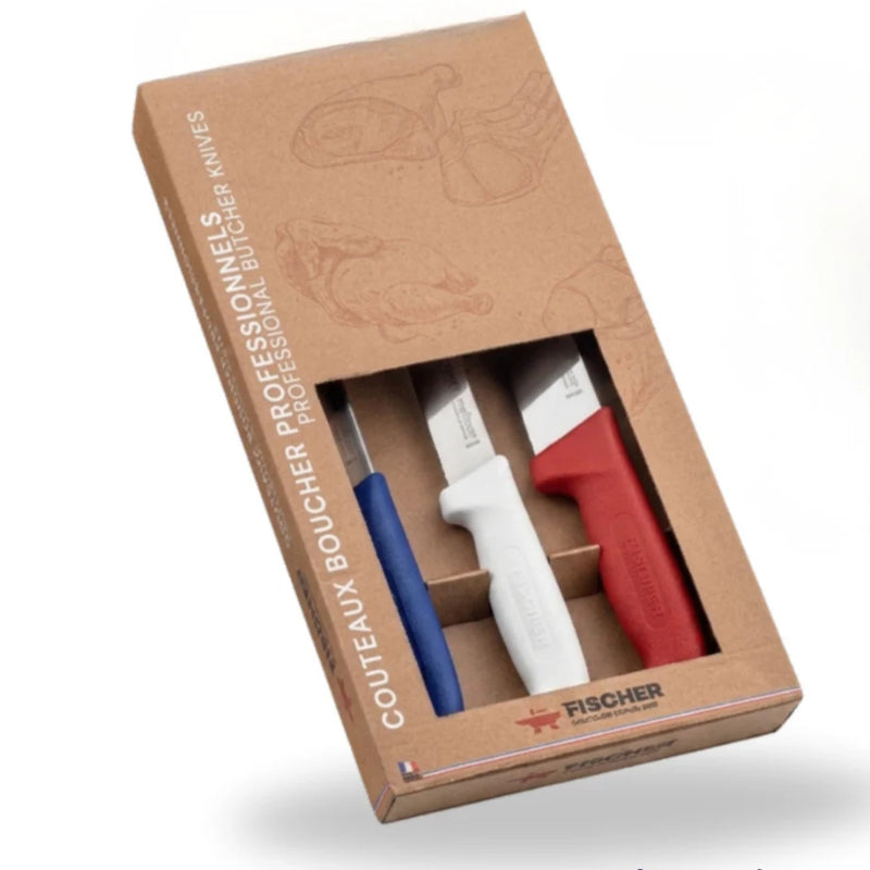 Coffret Boucher 3 Couteaux Profinox Bleu Blanc Rouge - FISCHER