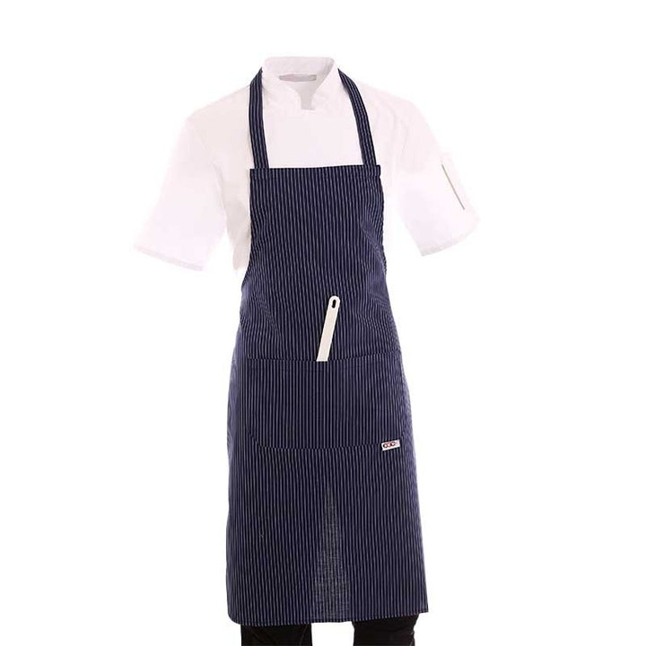 Tablier a bavette bleu rayé blanc