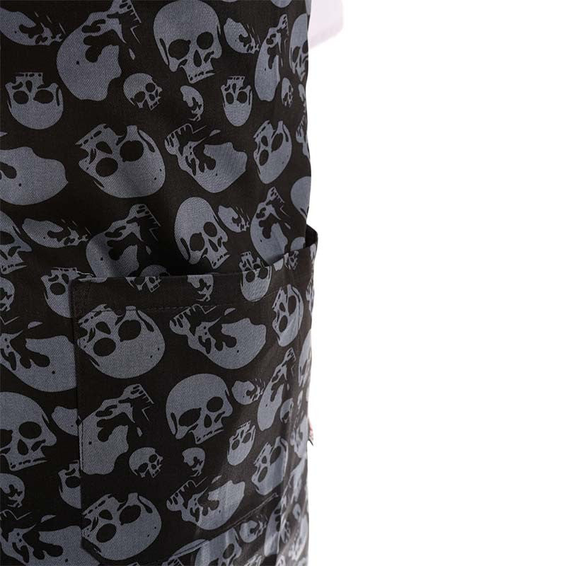 Tablier de cuisine a bavette motif tete de mort noir et gris et double poche ventrale