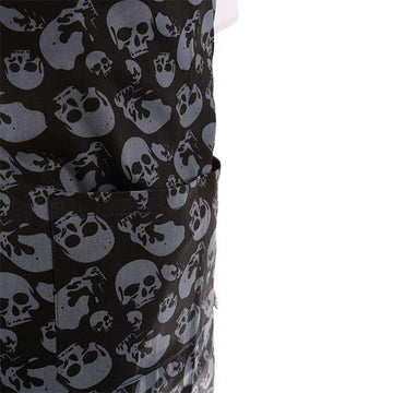 Tablier de cuisine a bavette motif tete de mort noir et gris et double poche ventrale
