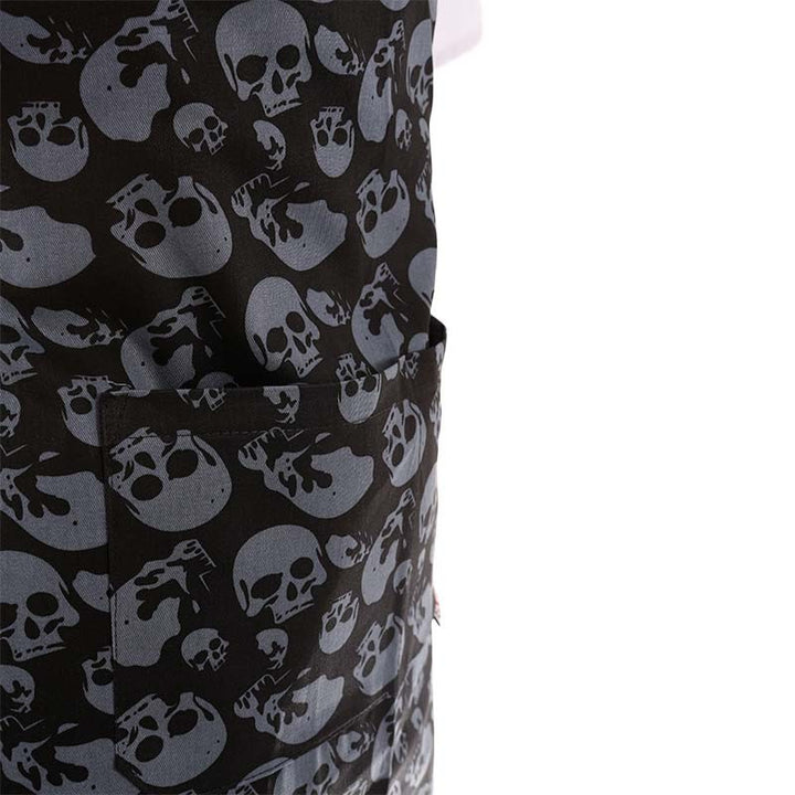 Tablier de cuisine a bavette motif tete de mort noir et gris et double poche ventrale