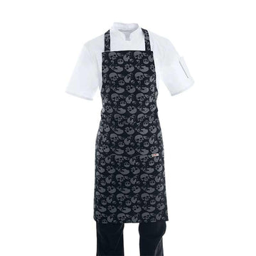 Tablier de cuisine a bavette motif tete de mort noir et gris