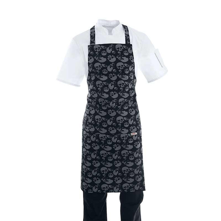 Tablier de cuisine a bavette motif tete de mort noir et gris