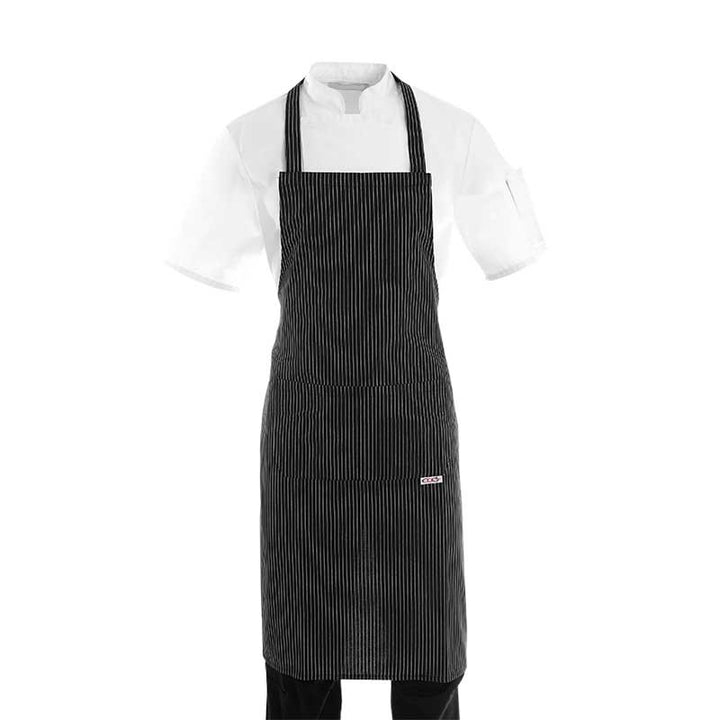Tablier de cuisine a bavette noir a fines rayures blanches