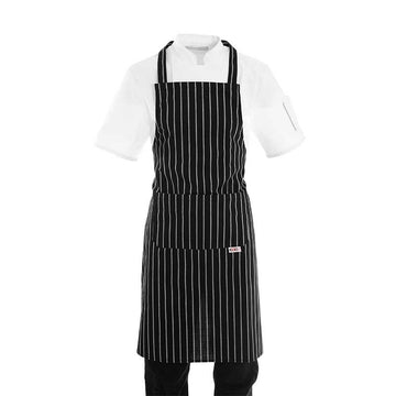 Tablier de cuisine a bavette noir a grosses rayures blanches