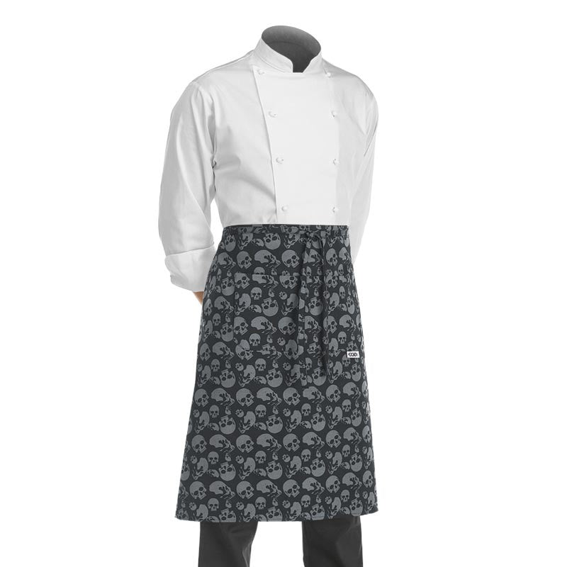 tablier de cuisine demi chef noir avec motif de crânes ou de têtes de mort gris