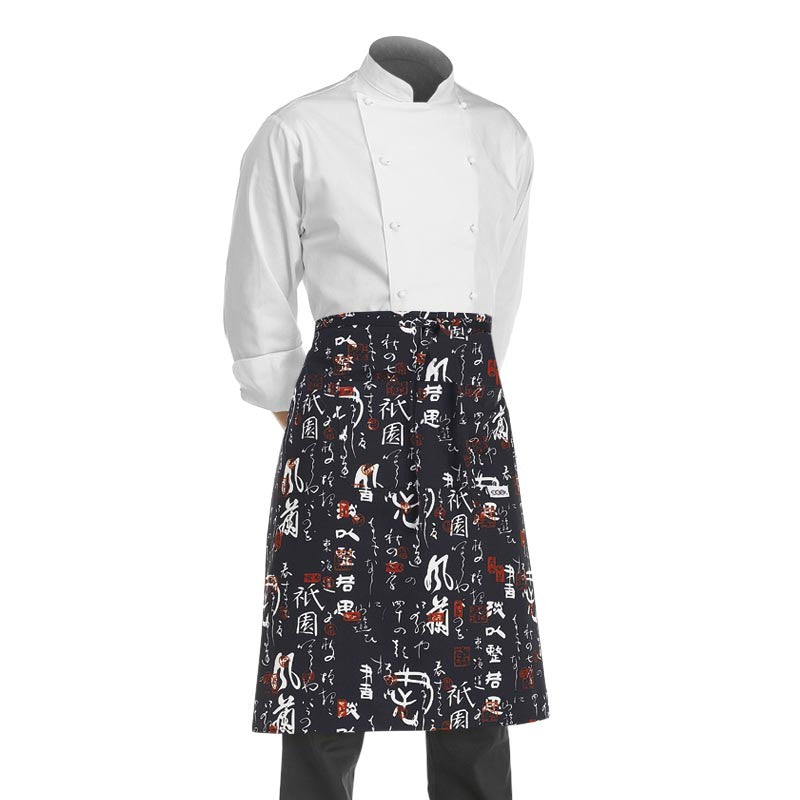 tablier demi chef de cuisinier japonais noir avec motifs blanc et rouge