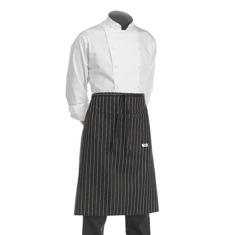 tablier cuisine demi-chef noir à grosses rayures blanches