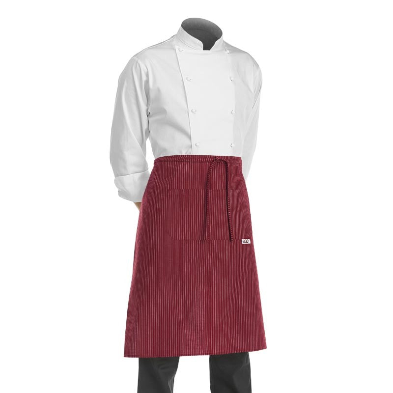 tablier 1/2 chef pour cuisinier, boulanger, patissier en version bordeaux rayé de blanc