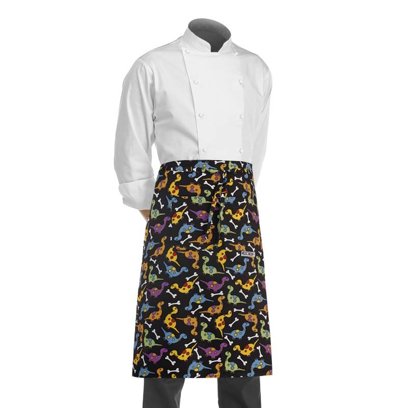 tablier demi chef noir avec un motif de dinosaures rigolos jaune, vert, bleu et mauve