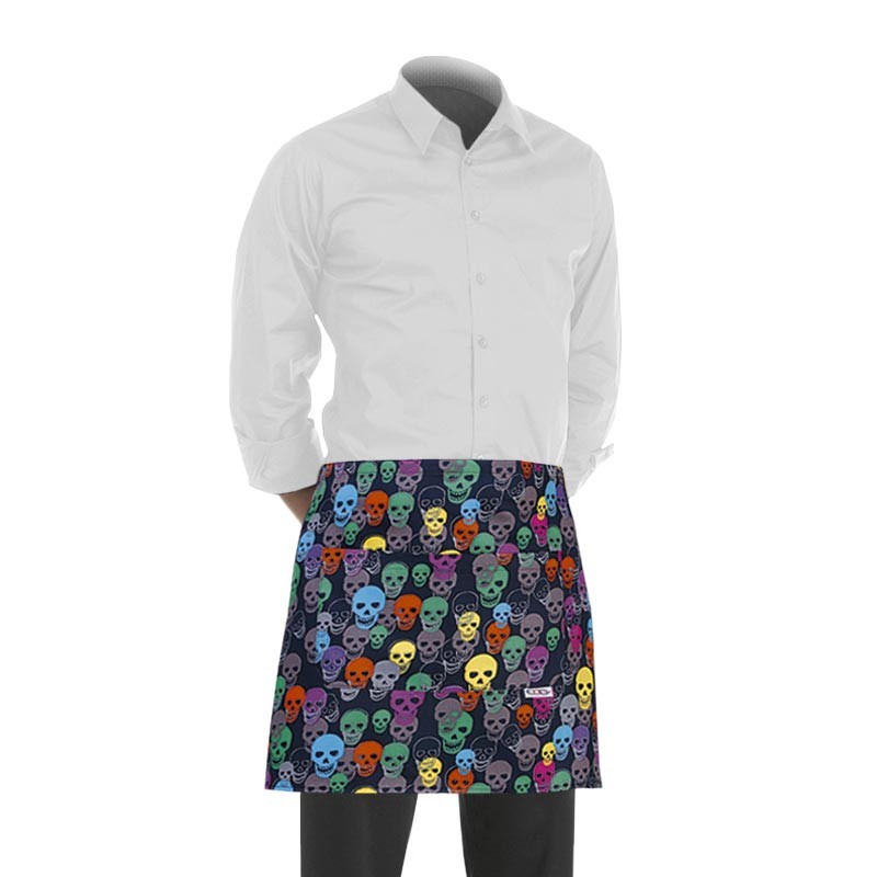 tablier de cuisine court avec un motif composé de crânes multicolores (hauteur : 40cm x largeur : 70cm)