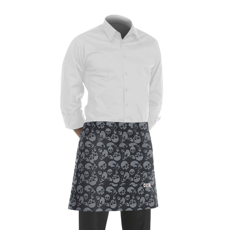 tablier de cuisine court avec un motif composé de crânes gris (hauteur : 40cm x largeur : 70cm)