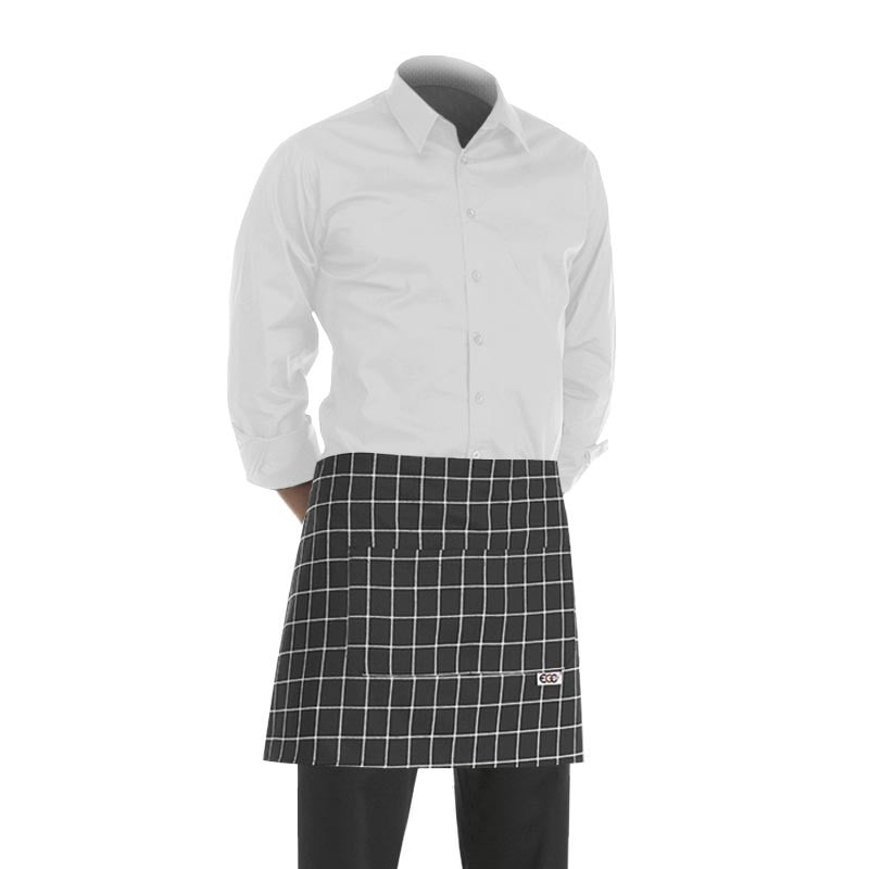 tablier de cuisine court noir avec un motif quadrillage blanc (h 40cm x l 70cm)