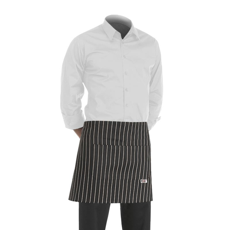 tablier de cuisine court noir finement rayé de blanc (h 40cm x l 70cm)