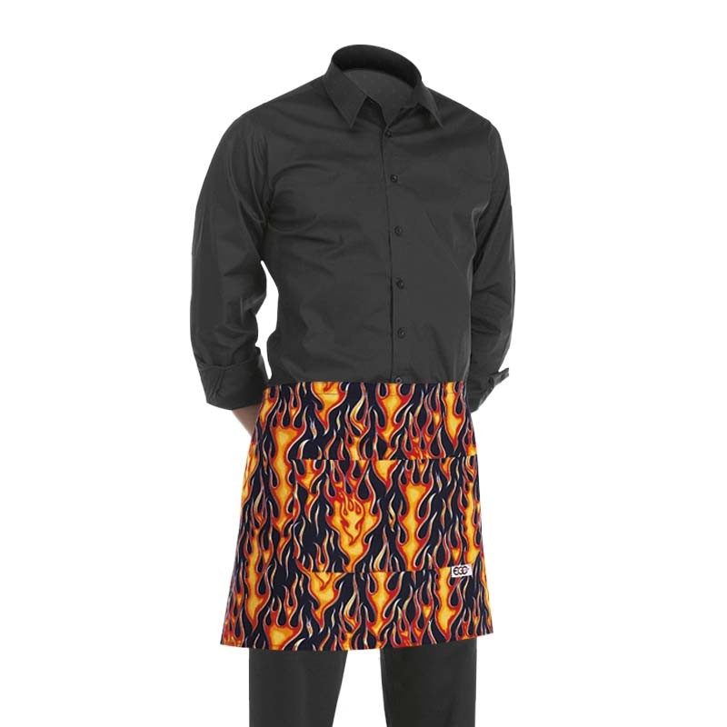 tablier de cuisine court noir avec motif flammes imprimé (h 40cm x l 70cm)