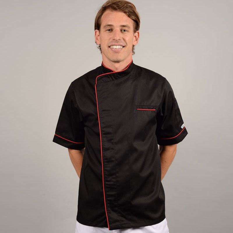 Veste de cuisine noir liseré long rouge et poche poitrine avec liseré rouge