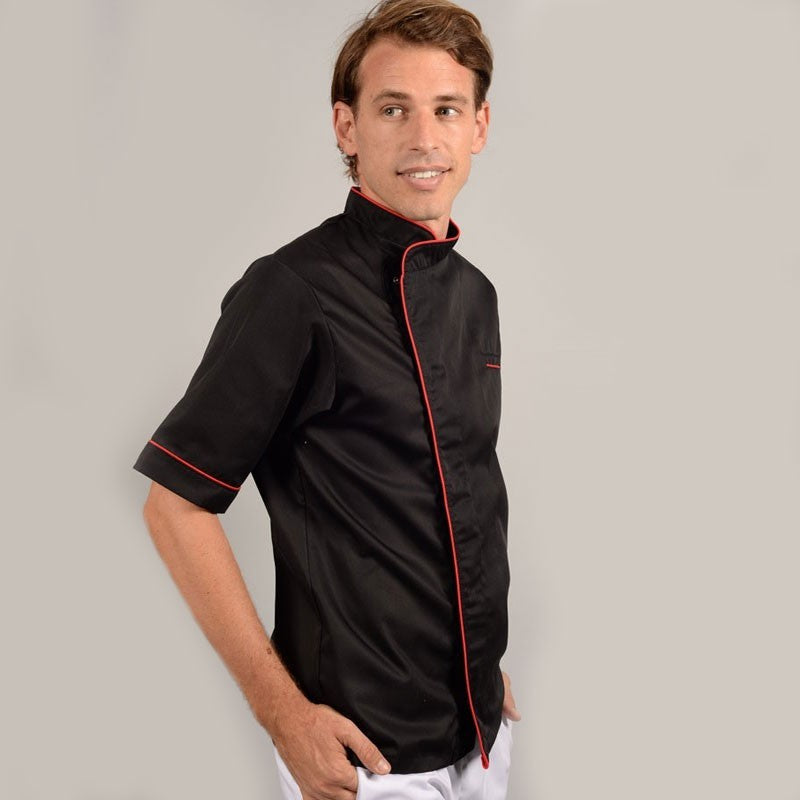 Veste de cuisine noir liseré long rouge  tissu européen
