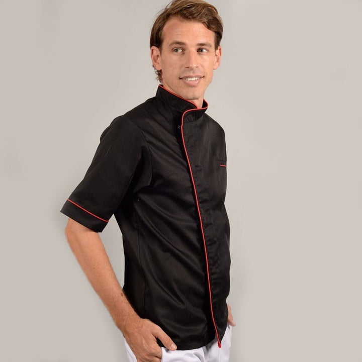 Veste de cuisine noir liseré long rouge  tissu européen