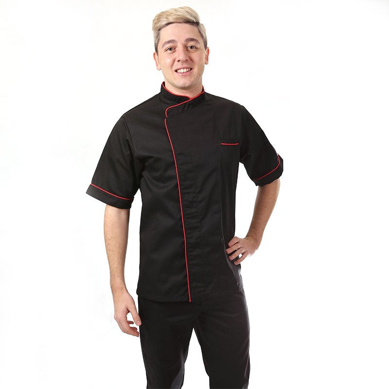 Veste de cuisine noir liseré long rouge manches courtes