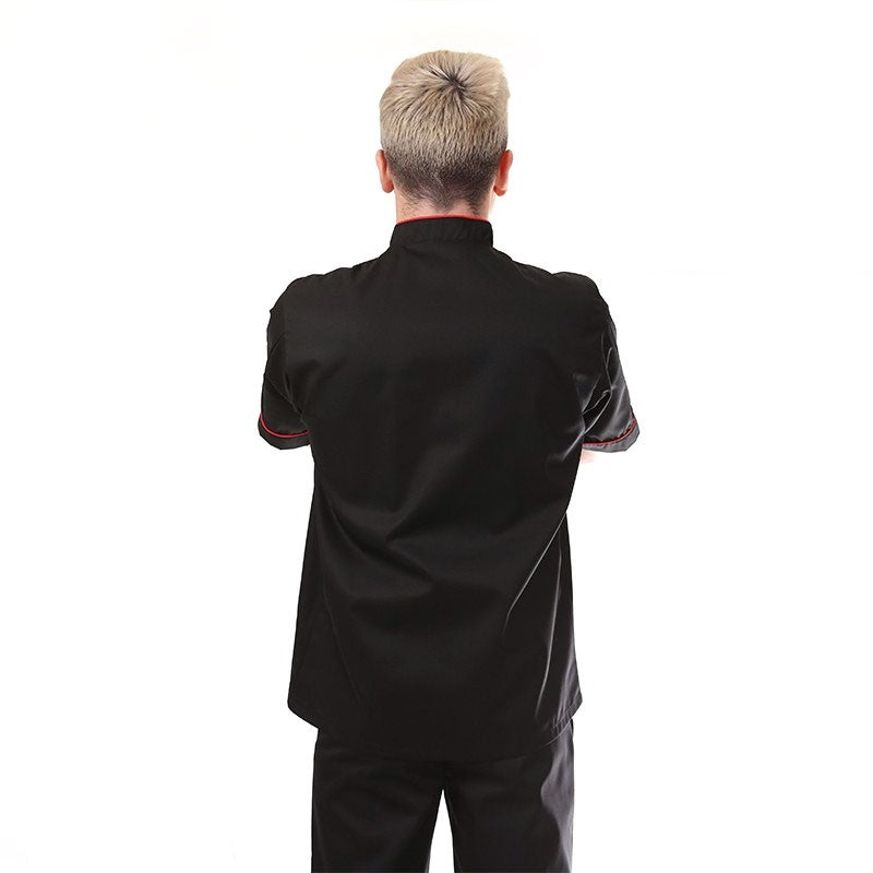 Veste de cuisine noir liseré long rouge, coupe droite