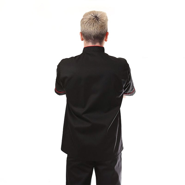 Veste de cuisine noir liseré long rouge, coupe droite