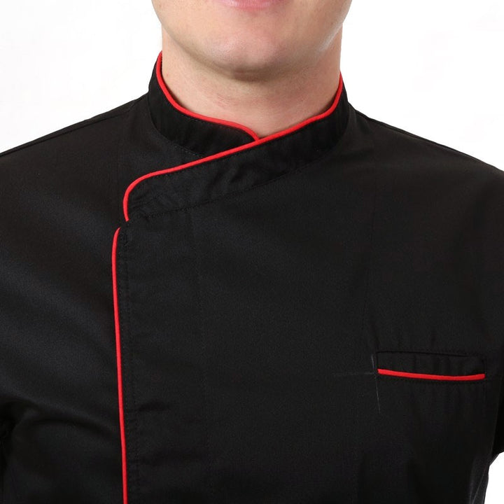 Veste de cuisine noir liseré long rouge boutons pressions cachés