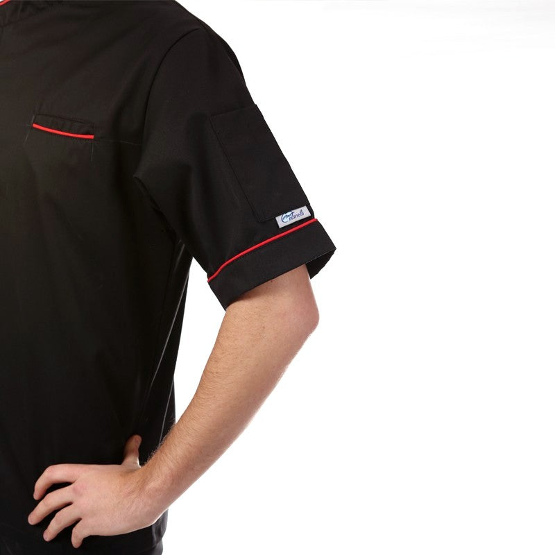 Veste de cuisine noir liseré long rouge poche à stylo