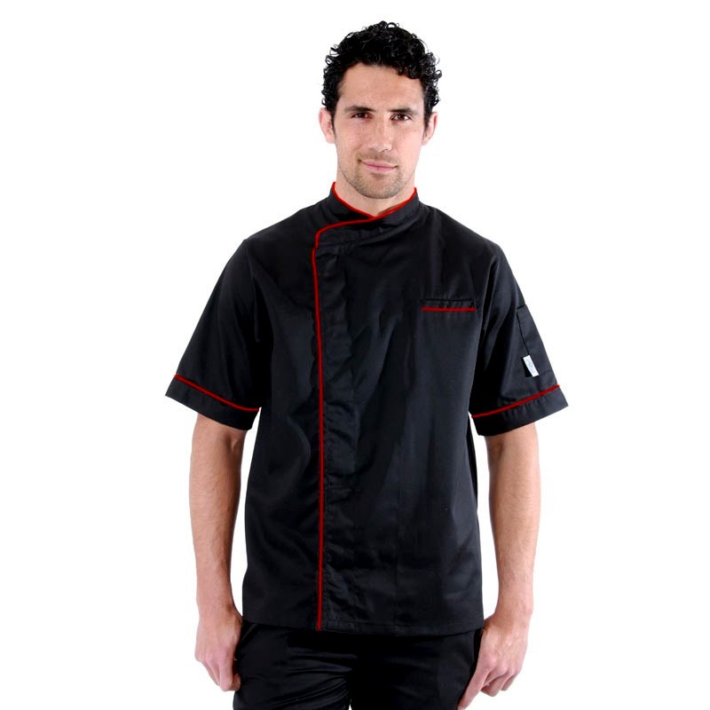 Veste de cuisine noir liseré long rouge coupe élégante