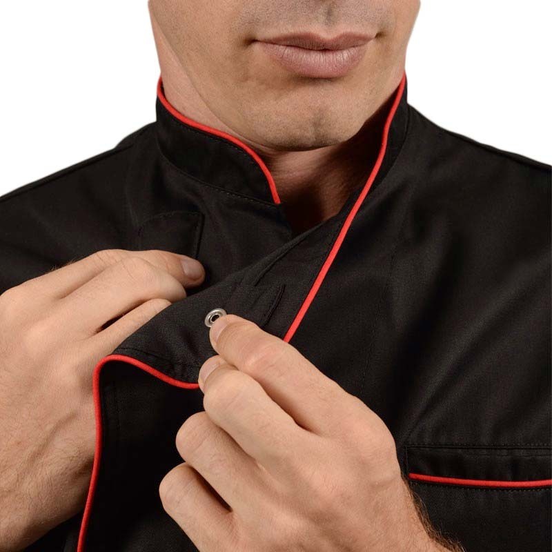 Veste de cuisine noir liseré long rouge attaches faciles