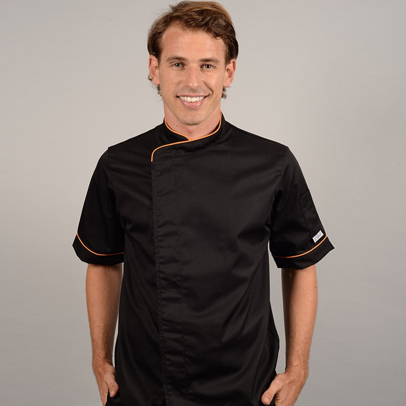 Veste de boucher Noire liseré Orange poche à stylo