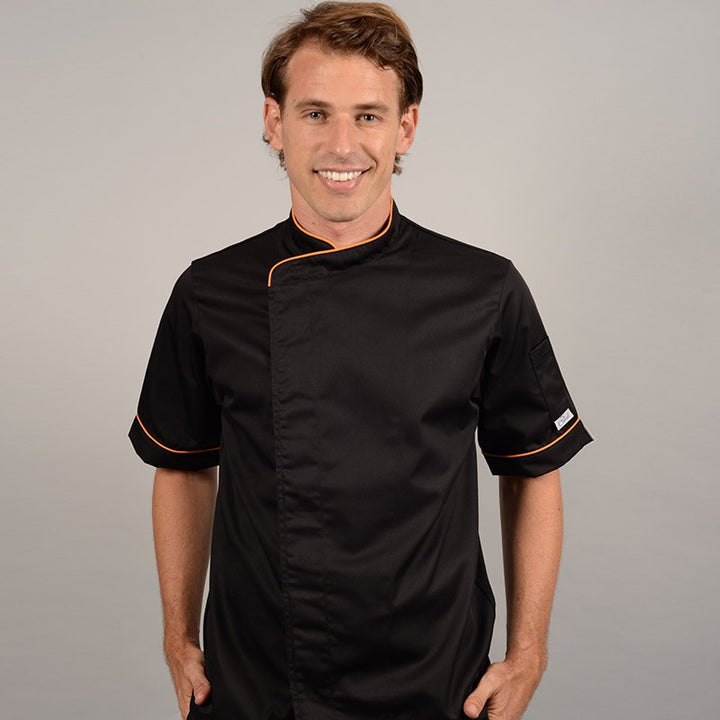 Veste de boucher Noire liseré Orange poche à stylo