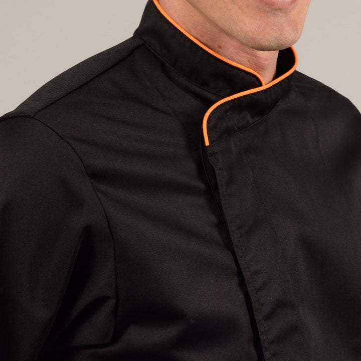 Veste de boucher Noire liseré Orange boutons pressions cachés