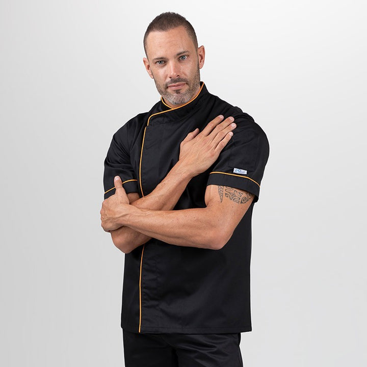 Veste de boucher noire liseré long orange - MANELLI