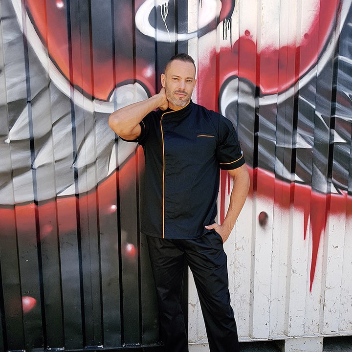 Veste de boucher noire liseré long orange - MANELLI