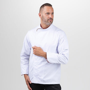 Veste de cuisine grande taille blanche liseré brodeaux- MANELLI