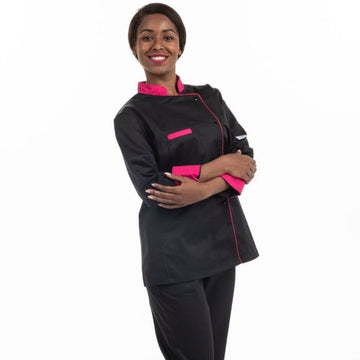 Veste de cuisine noire col rose et liseré rose MC - MANELLI