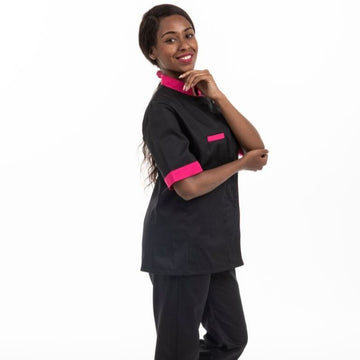 Veste de cuisine noire col rose et liseré rose MC - MANELLI