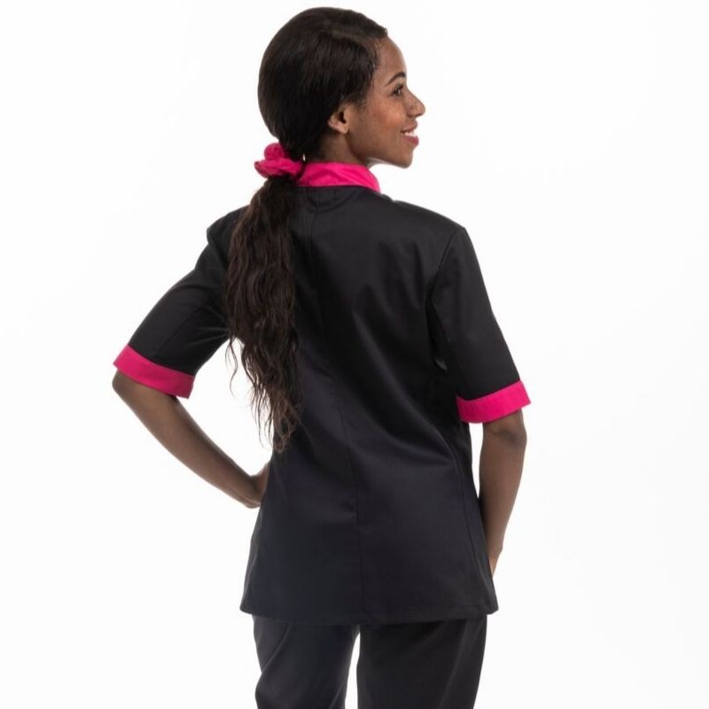Veste de cuisine noire col rose et liseré rose MC - MANELLI