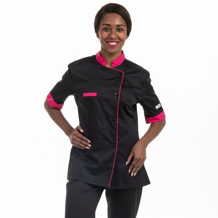 Veste de cuisine noire col rose et liseré rose MC - MANELLI