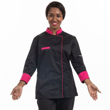 Veste de cuisine noire col rose et liseré rose MC - MANELLI