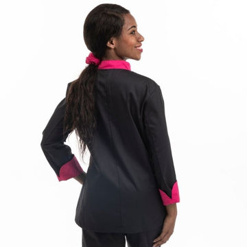 Veste de cuisine col rose / liseré rose et manches roses retroussables - MANELLI