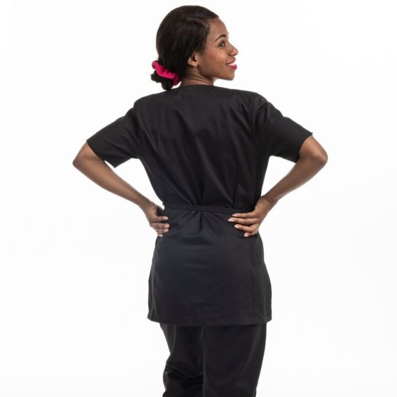 Blouse esthéticienne cache-cœur noire et rose Inès - MANELLI