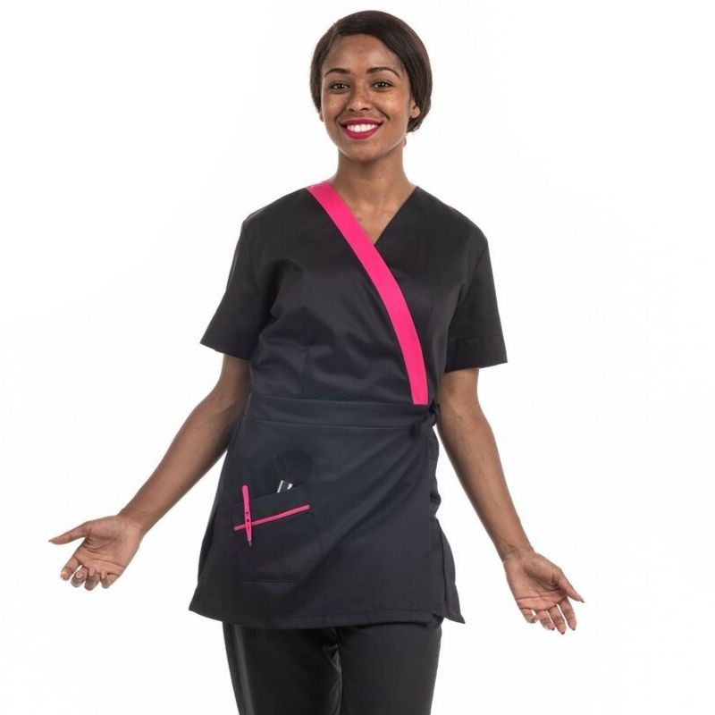 Blouse esthéticienne cache-cœur noire et rose Inès - MANELLI