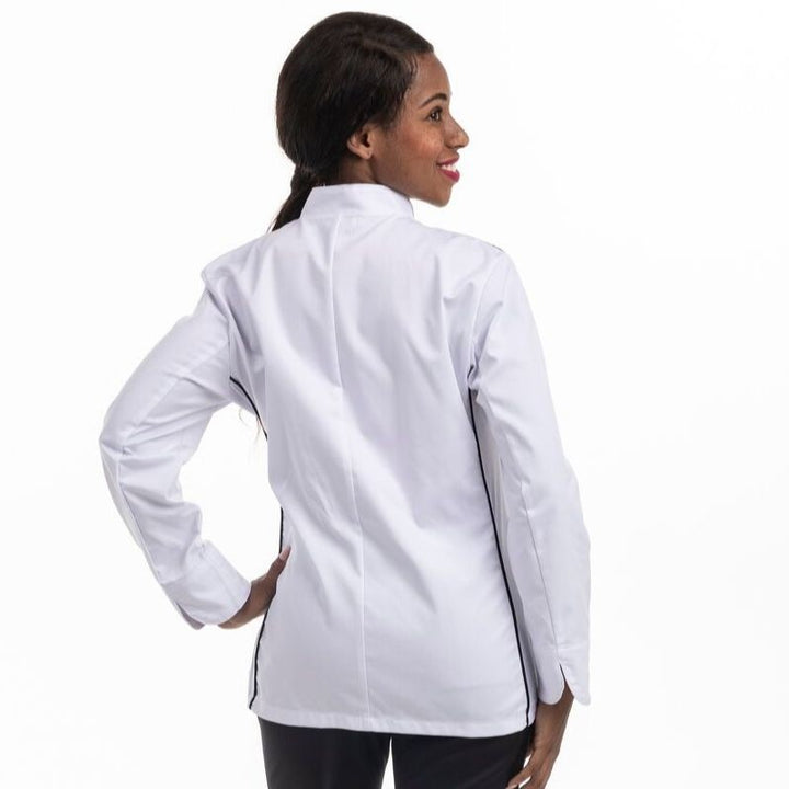 Dos de la veste de cuisine pour femme modèle Linea blanc liseré noir