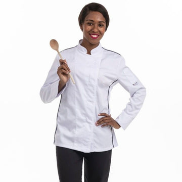 Veste de cuisine femme blanche liseré noir aération côté - MANELLI