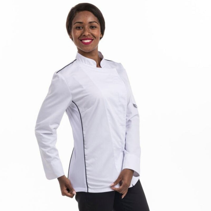 Veste de Boulangère femme blanche liseré noir aération côté - MANELLI