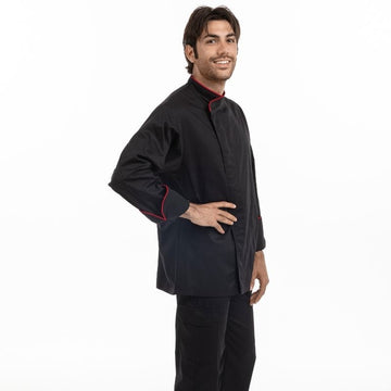 Veste de cuisine noire liseré rouge - MC ou ML - MANELLI