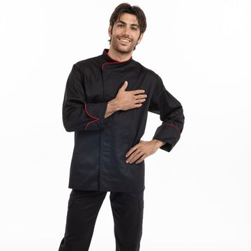 Veste de cuisine noire liseré rouge - MC ou ML - MANELLI