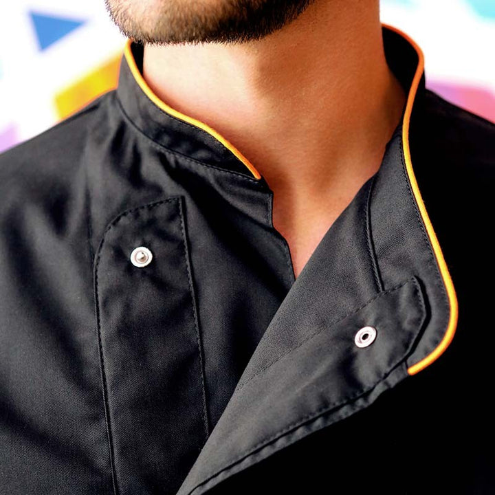 Veste de Cuisine Noire Liseré Orange  col confort