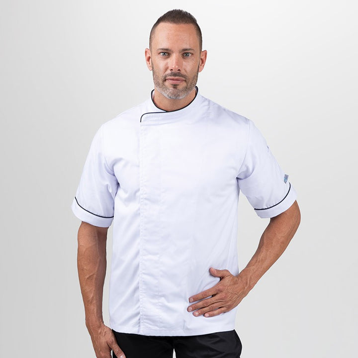 Veste de Cuisine Blanche Liseré Noir ML ou MC - MANELLI - Boutons pressions cachés